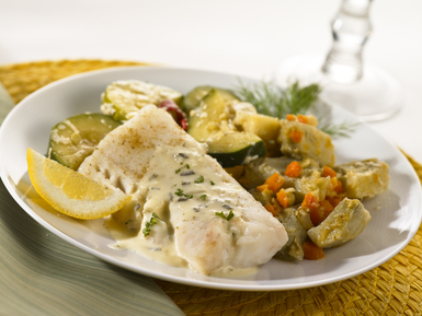 Cod Loin with Lemon Herb Sauce and Artichoke Barigoule, plus Zucchini Squash Blend